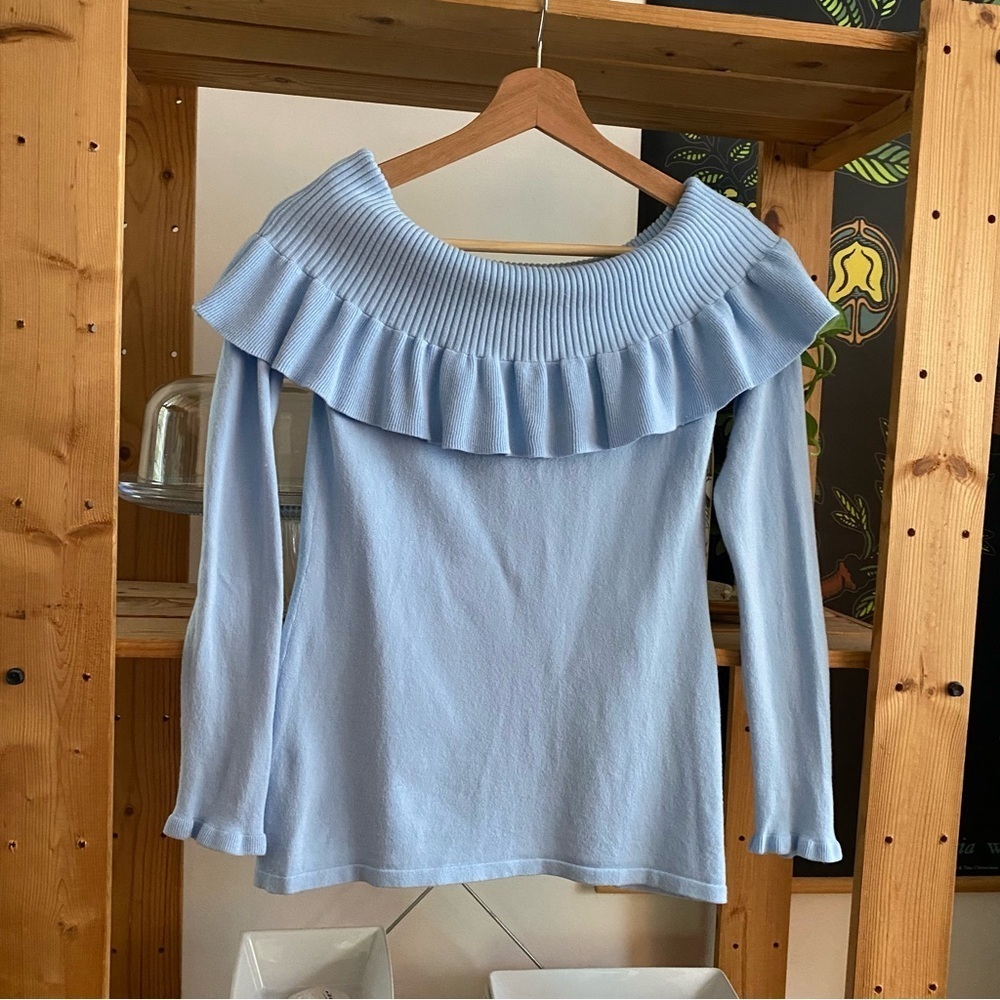 Lilly Pulitzer Off the Shoulder Ruffle Siesta Sweater Crew Periwinkle Blue Small - Picture 5 of 14